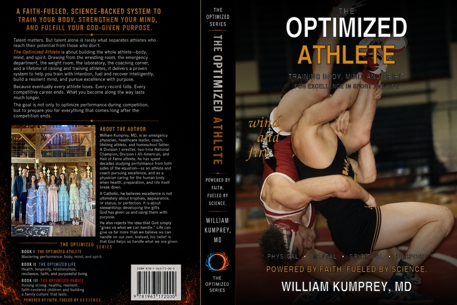 Full book jacket for The Optimized Athlete by William Kumprey, MD, featuring William's authentic collegiate wrestling photograph